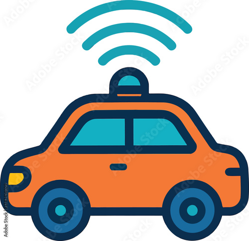 A stylized orange car with blue accents and a blue flashing light on top, emitting blue wireless signals.