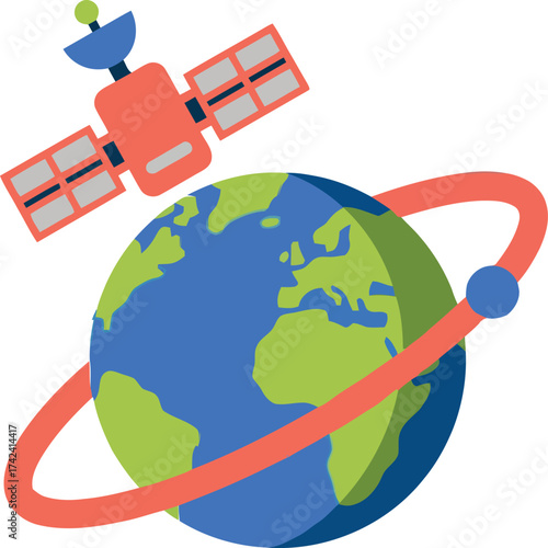 An orange satellite with solar panels orbits a stylized Earth, depicted with continents and oceans, encircled by an orange orbital path.