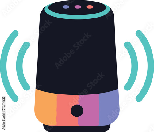 A cylindrical smart speaker with a colorful base and glowing top, emitting sound waves in a stylized graphic.