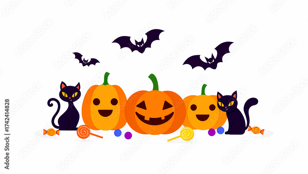 Fototapeta premium Haunted Forest Path with Glowing Pumpkins and Bats Under Moonlight