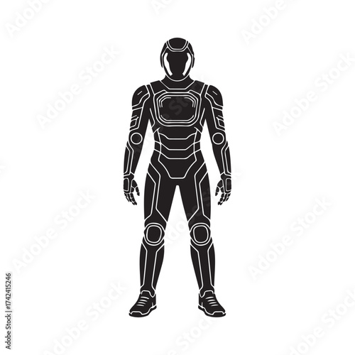 Futuristic astronaut silhouette isolated on white background, standing tall in a sleek spacesuit, ready for interstellar exploration and cosmic adventures