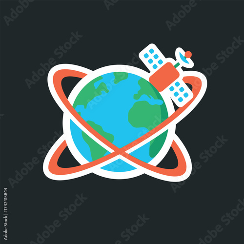 A colorful, flat illustration of a planet Earth with a satellite in orbit, surrounded by dynamic orbital paths.