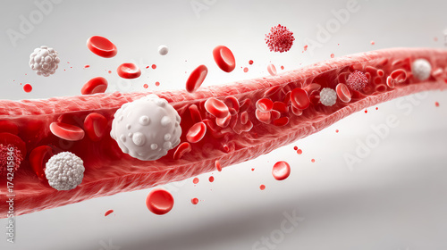 Medical illustration of the bloodstream, showing red blood cells, white blood cells, platelets, white background