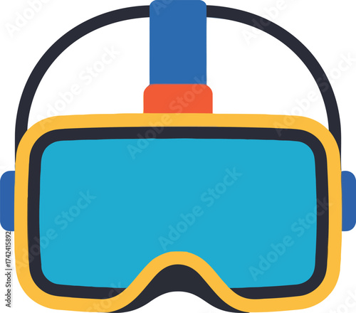 A stylized, flat illustration of a virtual reality headset featuring a bright yellow frame, blue lenses, and a black strap with blue and orange accents.