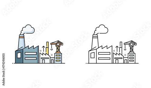 Factory Building Outline Illustration with Crane and Smoke Stack on White Background