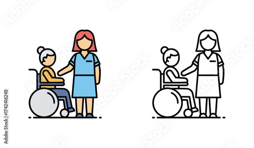 Healthcare concept of a nurse assisting an elderly patient in a wheelchair in line art style