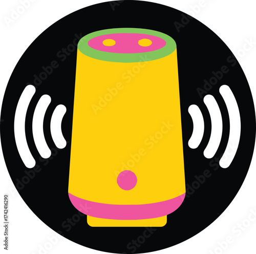 A vibrant, stylized illustration of a smart speaker emitting sound waves, presented within a black circular background.