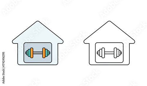Home gym icon showing dumbbell inside house building for fitness and workout training