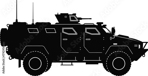 Military armored tactical vehicle silhouette, off-road combat transport, turret-mounted reconnaissance truck, battlefield defense machine, war zone patrol, rugged army equipment illustration