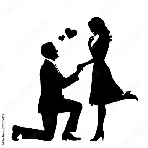 Romantic Proposing Couple Silhouette Vector – Man Kneeling and Woman in Love, Engagement Proposal Moment, Valentine’s Day Romance Illustration