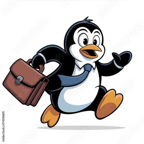 Penguin holding briefcase running pose cartoon catchers hand-drawing clipart vector illustration.