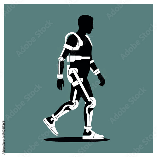 Man walking in exoskeleton suit, a wearable robotic device that enhances human physical capabilities, aiding in rehabilitation and strength augmentation