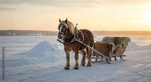 Horse pulling sleigh in snowy field
