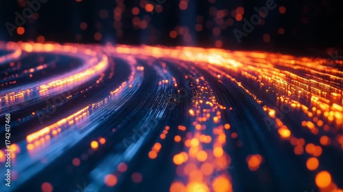 Abstract Glowing Digital Data Streams Moving at High Speed.