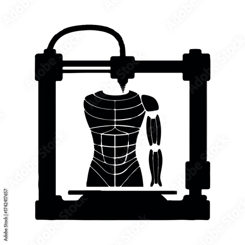Silhouette of a 3d printer creating a human torso isolated on white background, representing advancements in medical technology and personalized medicine