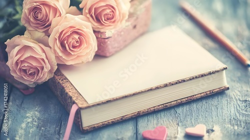 Vintage romance composition with roses and open book for love message background