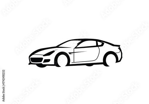 A minimalist black and white outline drawing of a sleek sports car viewed from the side.