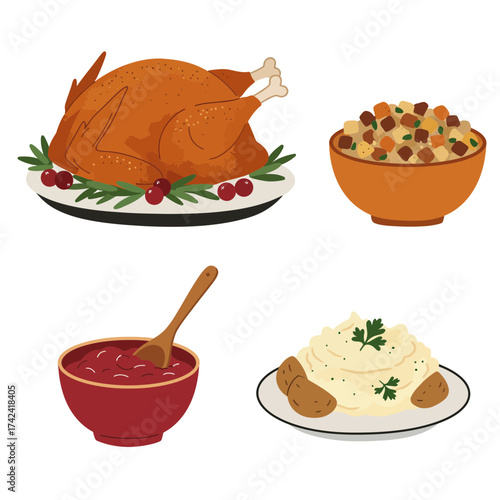 Thanksgiving dinner with roasted turkey, cranberry sauce, mashed potatoes, and stuffing vector illustration isolated on white background