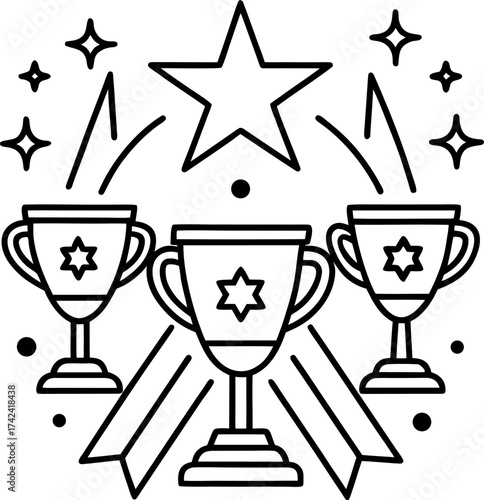 A black and white line-art illustration featuring three stylized trophies with stars on them, arranged in a triangular layout. The trophies are surrounded by sparkles and celebratory elements. One fig
