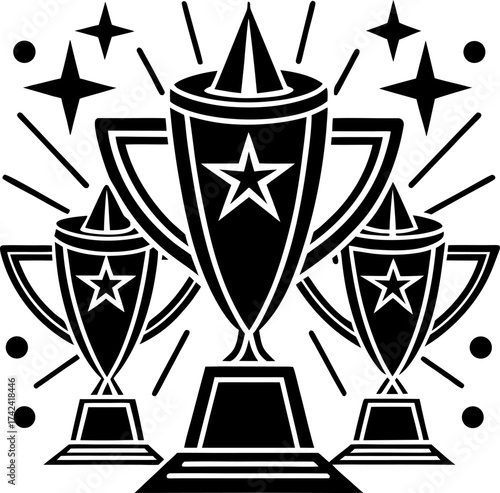 A black and white line-art illustration featuring three stylized trophies with stars on them, arranged in a triangular layout. The trophies are surrounded by sparkles and celebratory elements. One fig