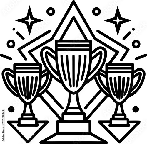 A black and white line-art illustration featuring three stylized trophies with stars on them, arranged in a triangular layout. The trophies are surrounded by sparkles and celebratory elements. One fig