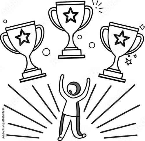 A black and white line-art illustration featuring three stylized trophies with stars on them, arranged in a triangular layout. The trophies are surrounded by sparkles and celebratory elements. One fig