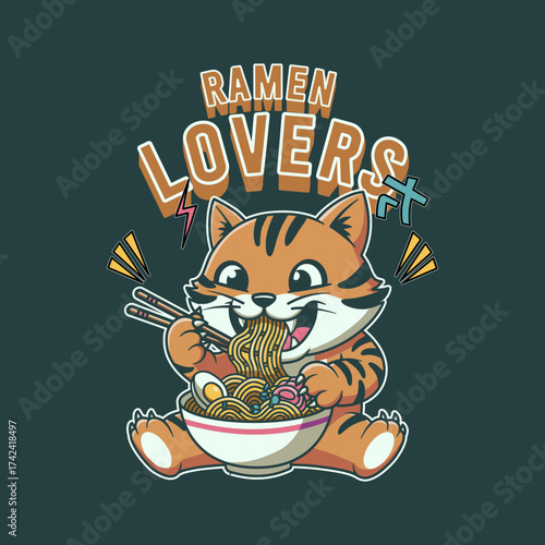 Retro japaness cat ramen lovers vector illustration hand drawn