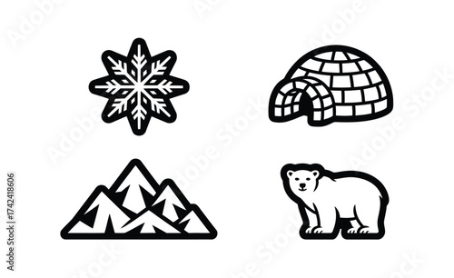 Set of four black vector sticker designs including snowflake igloo mountains and polar bear eps silhouette vector illustration white background