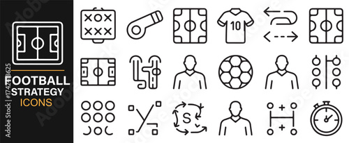 Football Game Strategy Icons Set, Including Coaching Tools and Team Positioning