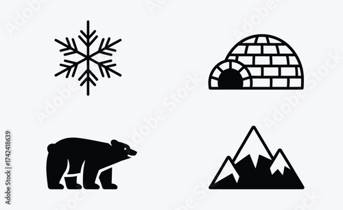 Four black vector graphics icons snowflake igloo bear mountains scalable eps file for design silhouette vector illustration white background