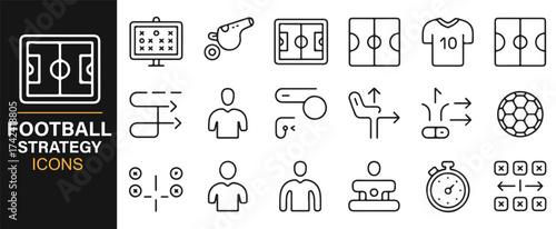 Collection of Soccer Strategy Icons, Featuring Whistles, Formations, and Player Actions