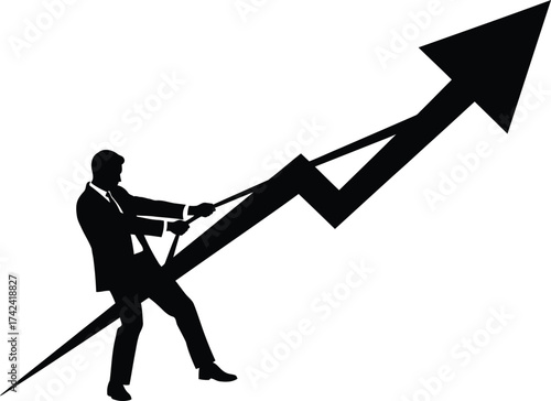 Businessman pulling arrow graph up isolated on white background, symbolizing effort and determination for success