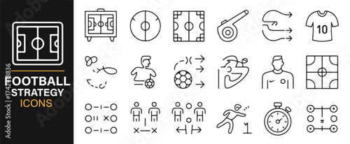 Set of Football Tactics and Strategy Icons for Coaching, Match Planning, and Game Analysis