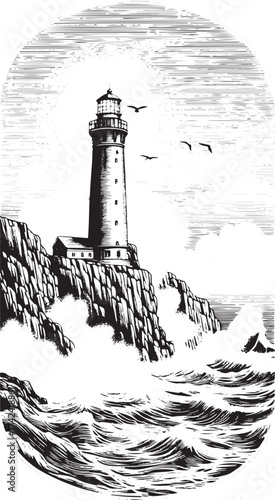 Dramatic lighthouse stands tall against crashing waves, a symbol of hope and guidance, perfect for nautical designs or coastal themes