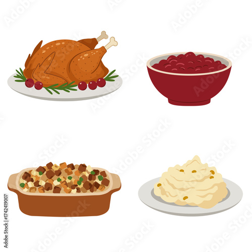 Thanksgiving Roast Turkey with Cranberry Sauce – Holiday Dinner Feast Illustration