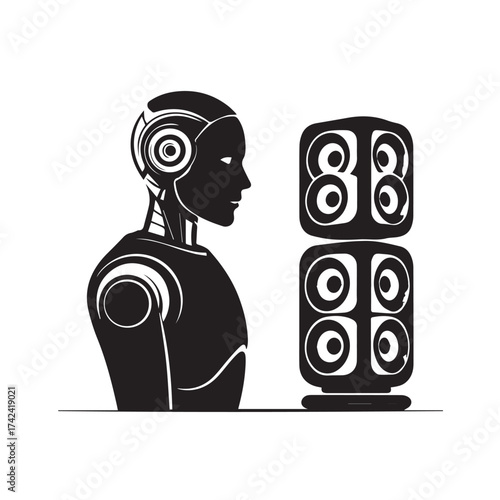Silhouette of a robot listening to music on speakers isolated on white background, showcasing the fusion of technology and entertainment in a modern design