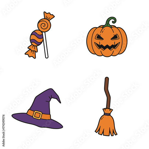 Halloween Pumpkin, Witch Hat and Broomstick – Spooky October Holiday Illustration
