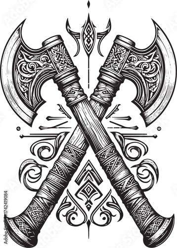 Epic crossed axes with Viking inspired ornamentation, perfect for fantasy games, historical fiction, and brave warrior themes, a bold heraldic symbol