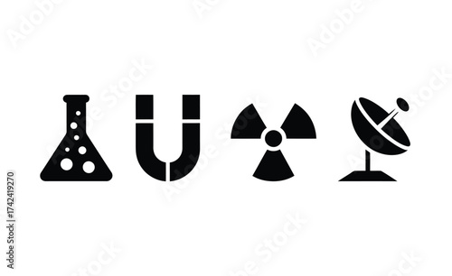 Set of four scalable vector science laboratory icons including flask magnet radiation and satellite dish for eps files silhouette vector illustration white background