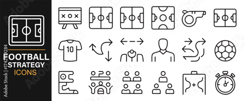 Football Strategy Icon Set for Coaches, Featuring Game Planning and Player Movements