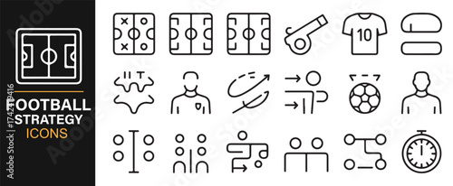 Collection of Football Tactics Icons Featuring Formations, Diagrams, and Team Strategies