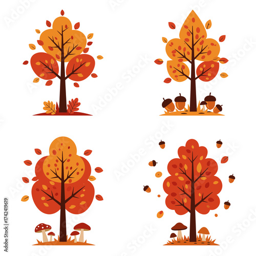 Autumn trees with falling leaves illustration for seasonal forest scenery and warm natural tones