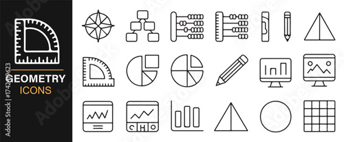 Geometry and Mathematics Icon Set, Featuring Shapes, Graphs, and Educational Tools