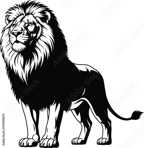 Powerful silhouette of a regal lion standing tall, exuding strength and authority isolated on white background