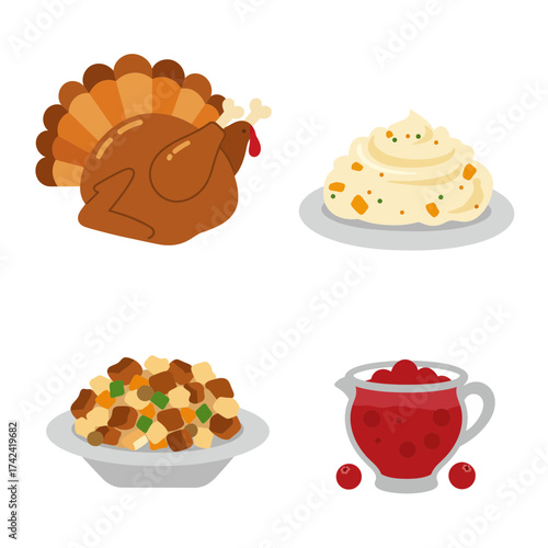Thanksgiving dinner vector with turkey, mashed potatoes, and cranberry sauce in festive fall colors