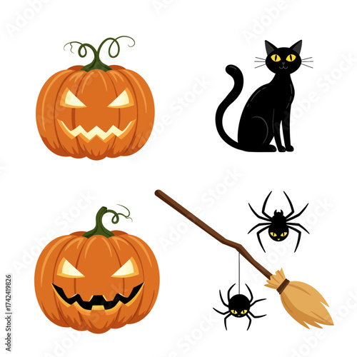 Halloween pumpkin, spider, and black cat illustration with spooky autumn night aesthetic