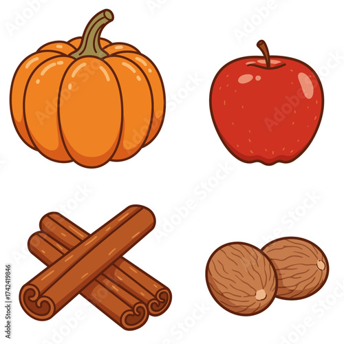 Pumpkin, apple, and cinnamon sticks vector representing cozy autumn harvest and Thanksgiving flavors