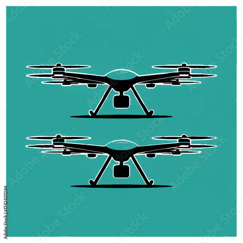 Two drones are flying in formation against a teal background the drones are black silhouettes with white outlines, creating a modern and eyecatching design