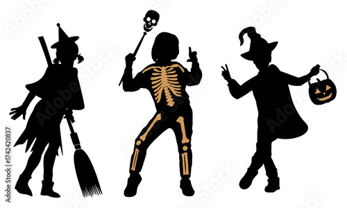Happy Halloween. Children silhouettes with halloween objects and costumes.  Vector illustration	
