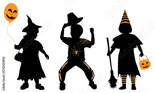 children, silhouette, family, halloween, child, trick or treat, pumpkin, girl, boy, holiday, light, flashlight, party, animals, monster, daughter, son, pet, character, play, wand, magic, fine, costum
